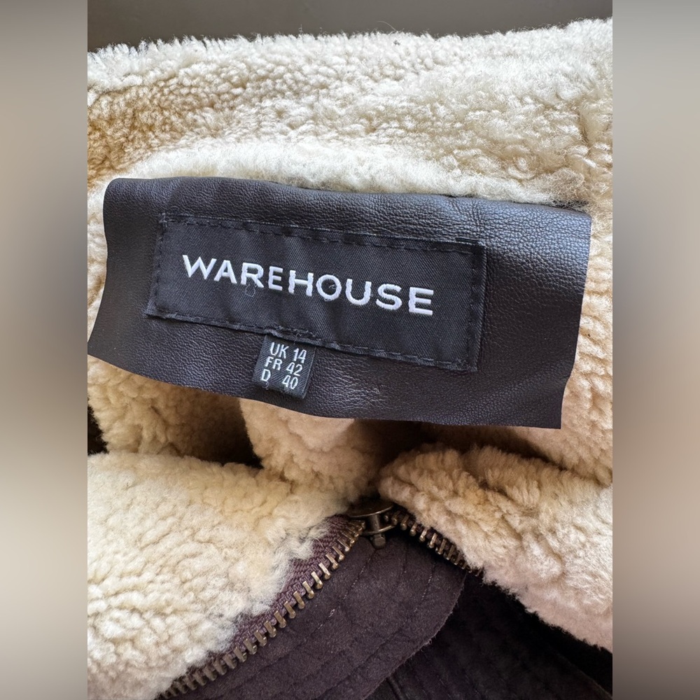 Vintage Y2K Warehouse Women’s Brown Shearling-Style Moto Jacket UK 14 USA 10 - Picture 5 of 8
